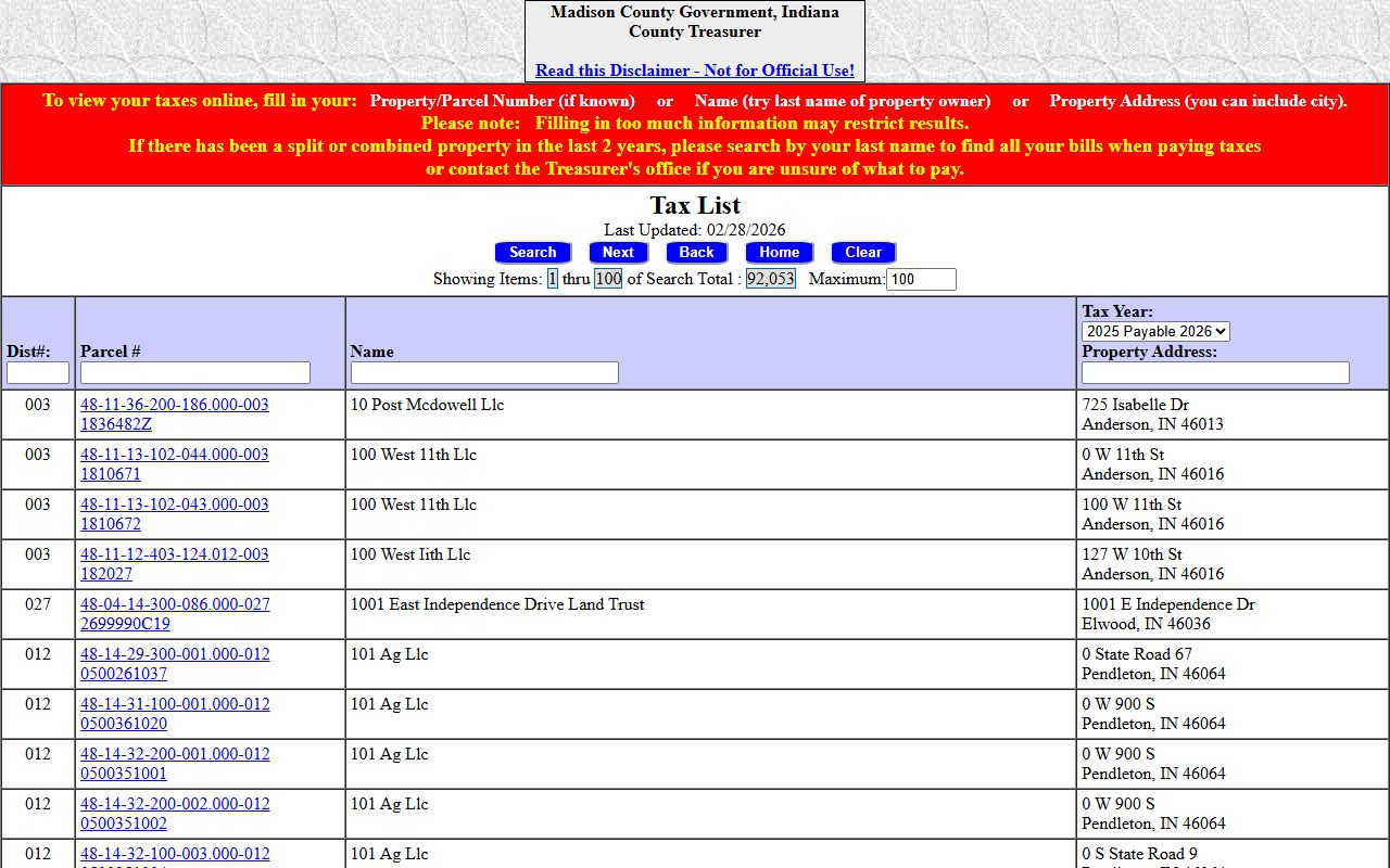 Madison County Assessor page for Anderson Indiana property tax records
