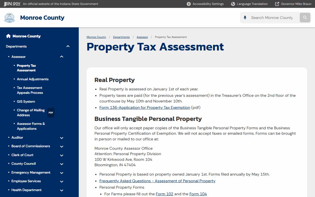 Monroe County Assessor page for Bloomington Indiana property tax records