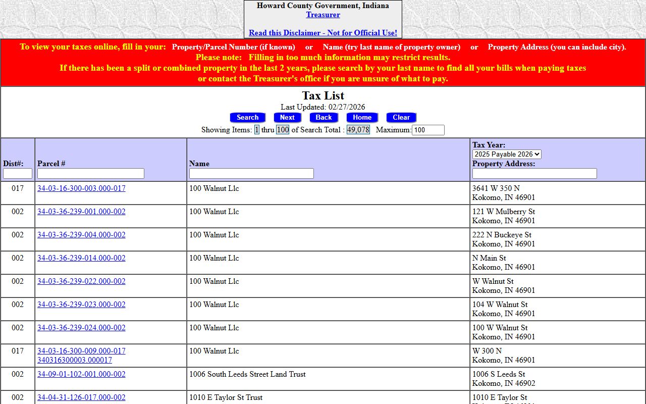 Howard County Assessor page for Kokomo Indiana property tax records