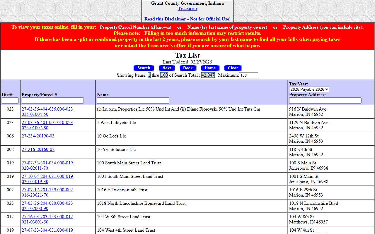 Grant County Assessor page for Marion Indiana property tax records