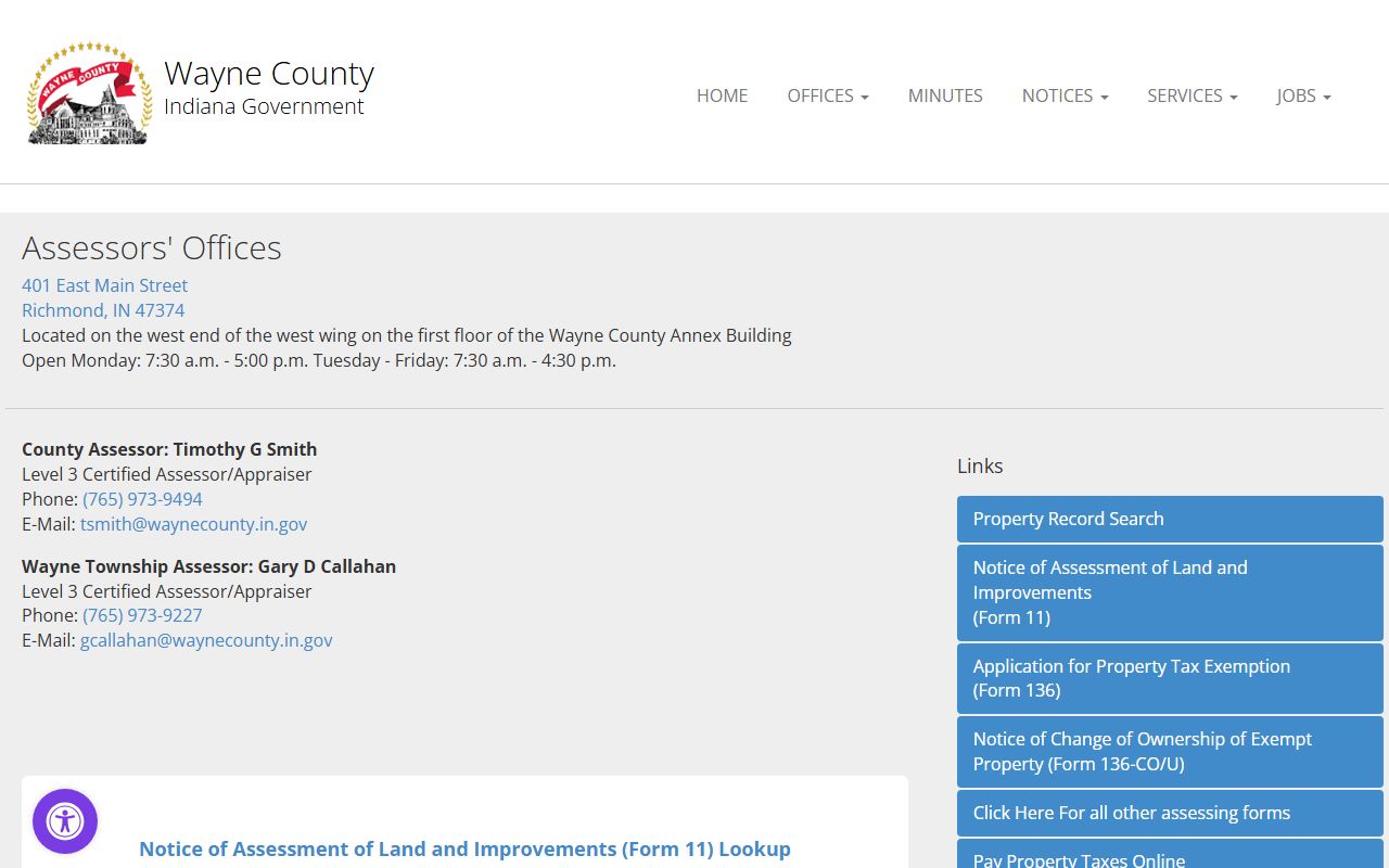 Wayne County Assessor page for Richmond property tax records