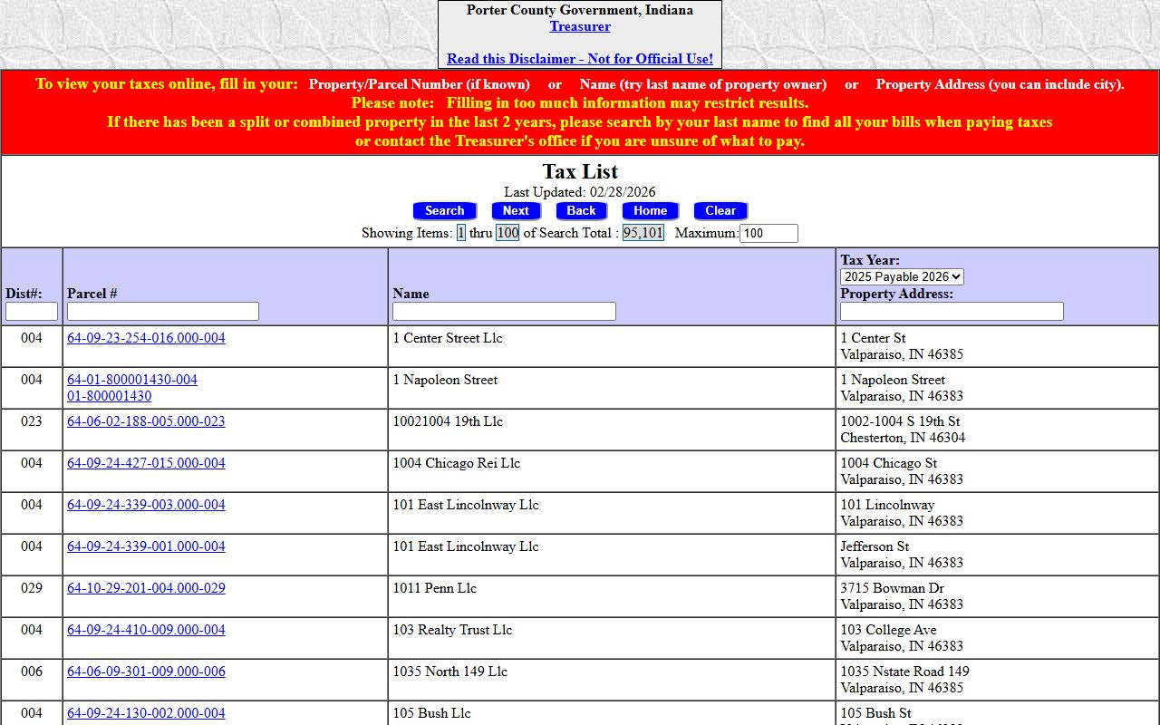 Porter County Property Tax Portal for Valparaiso property tax records