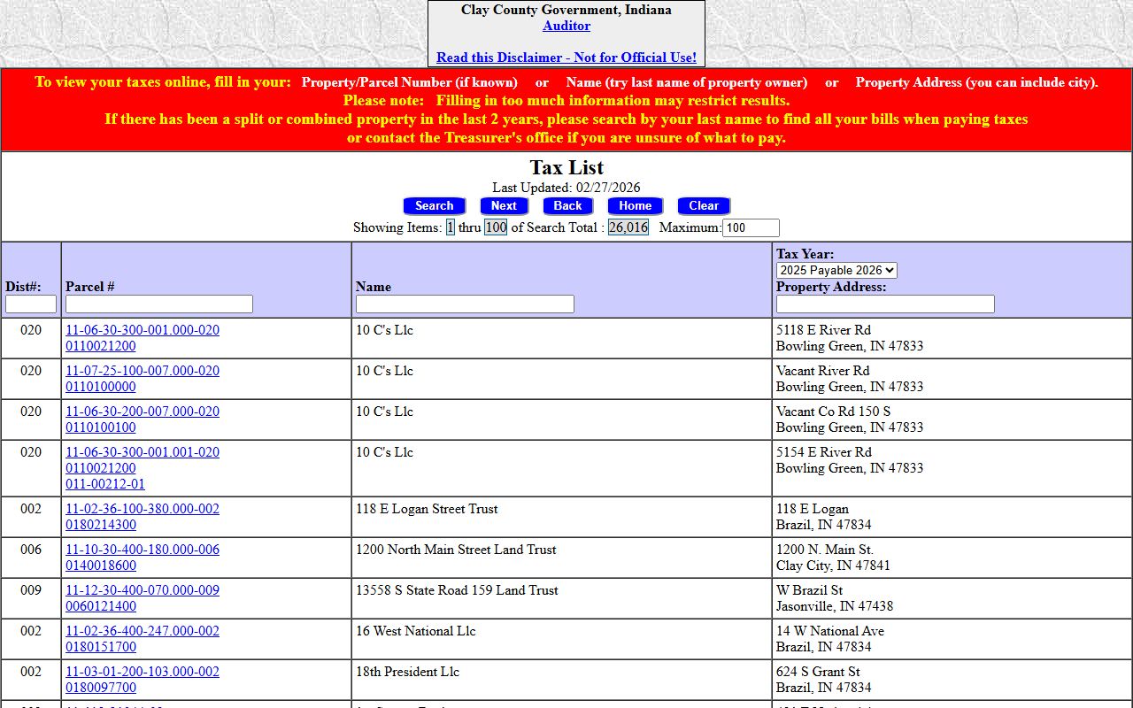Clay County Auditor website showing property tax records search