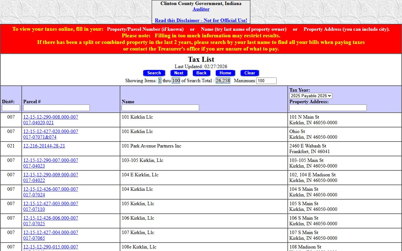 Clinton County Auditor website for property tax records