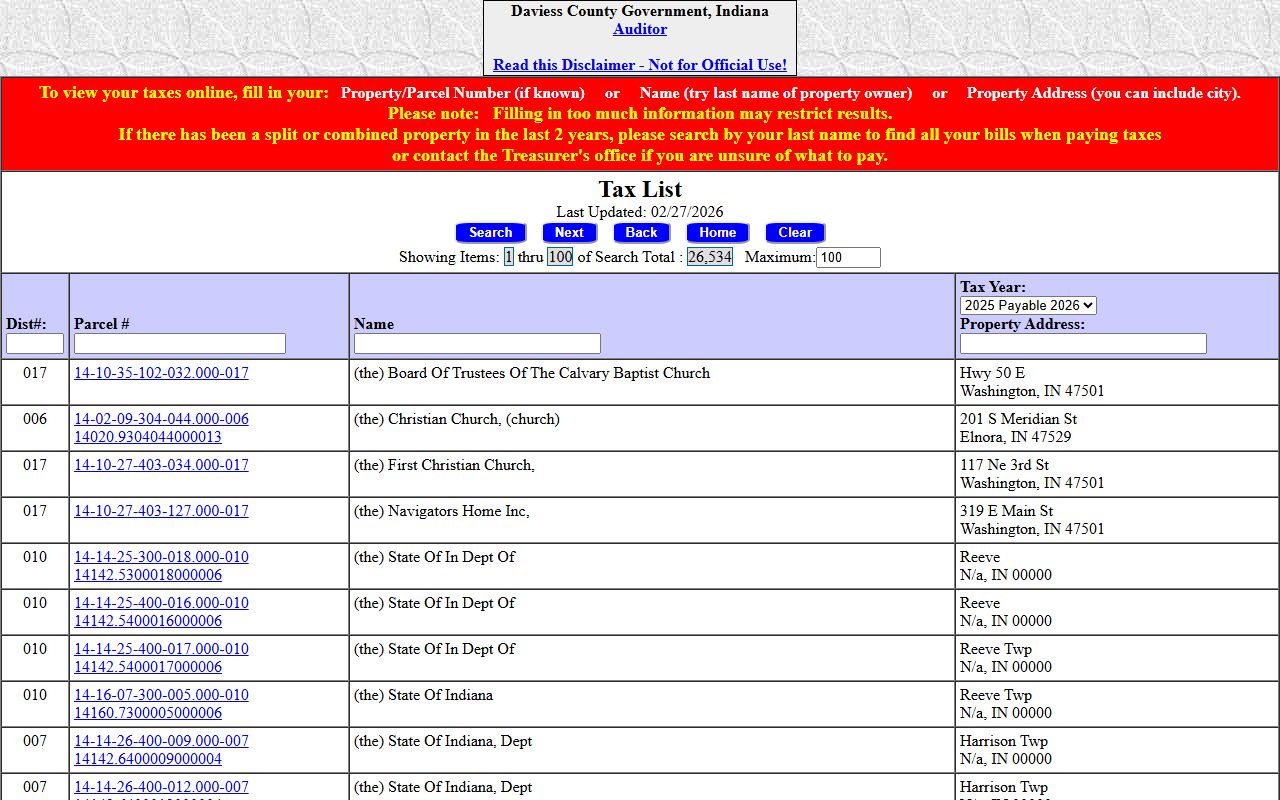 Daviess County Auditor website for property tax records