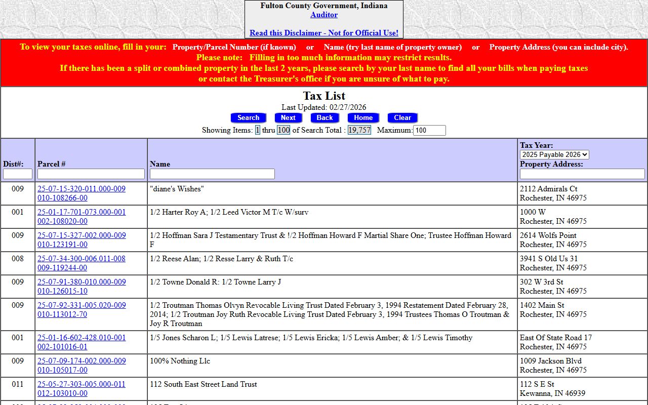 Fulton County Auditor property tax records portal in Rochester Indiana