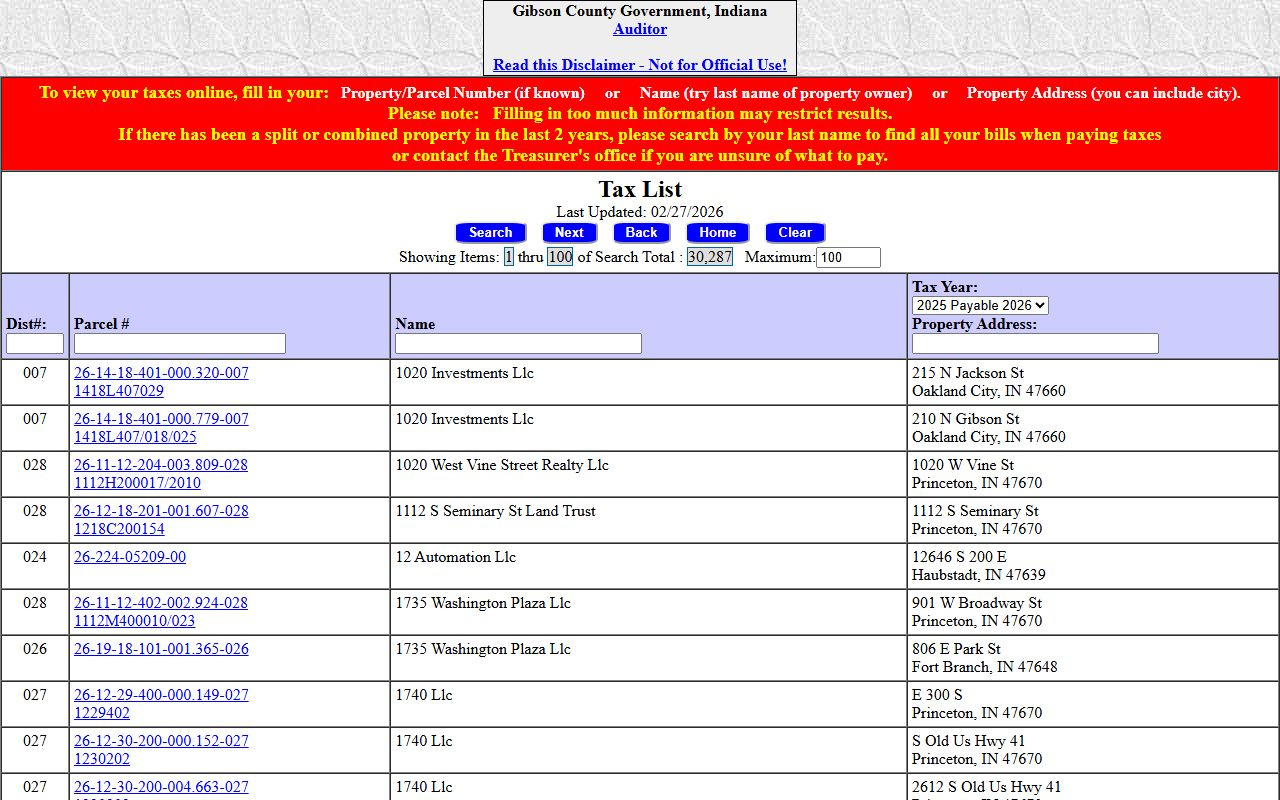 Gibson County Auditor property tax records page in Princeton Indiana