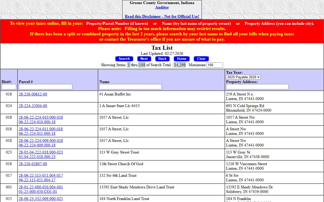 Greene County Auditor property tax records page in Bloomfield Indiana