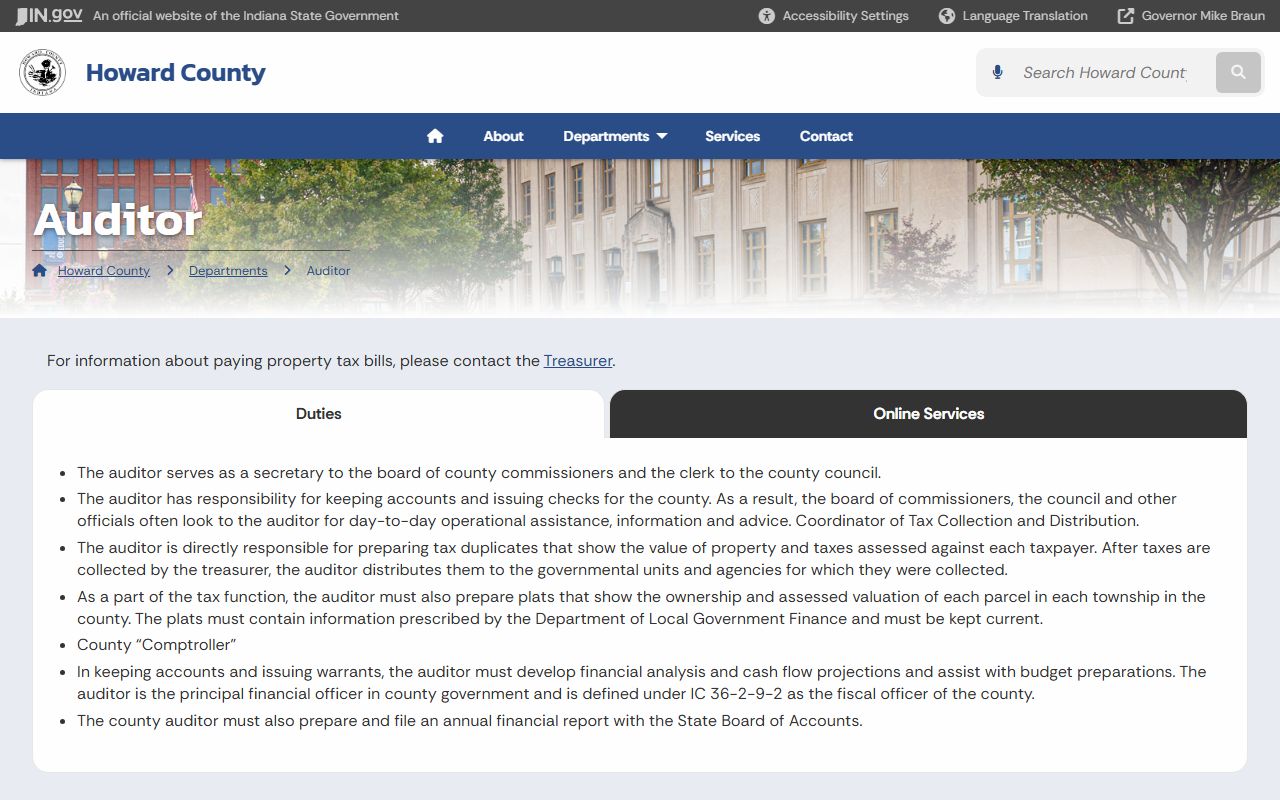 Howard County Auditor office page for Howard County property tax records