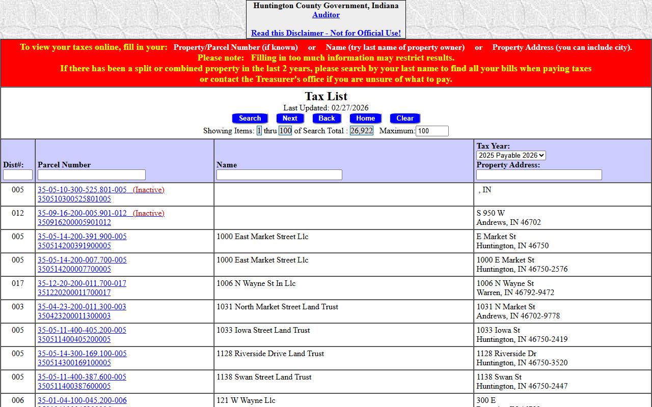 Huntington County Auditor office page for Huntington County property tax records