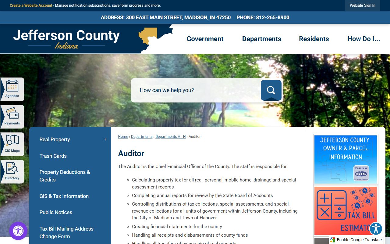 Jefferson County Auditor page for Jefferson County property tax records in Madison Indiana