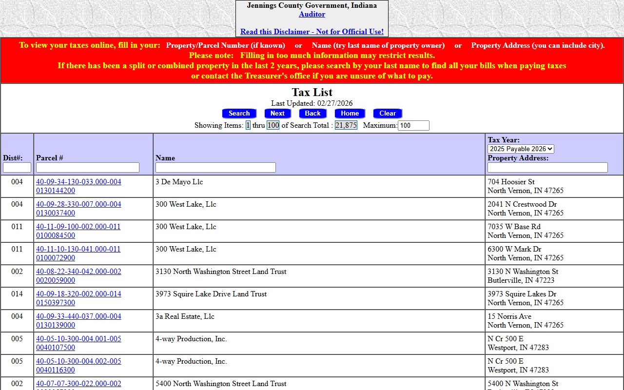 Jennings County Auditor page for Jennings County property tax records in Vernon Indiana