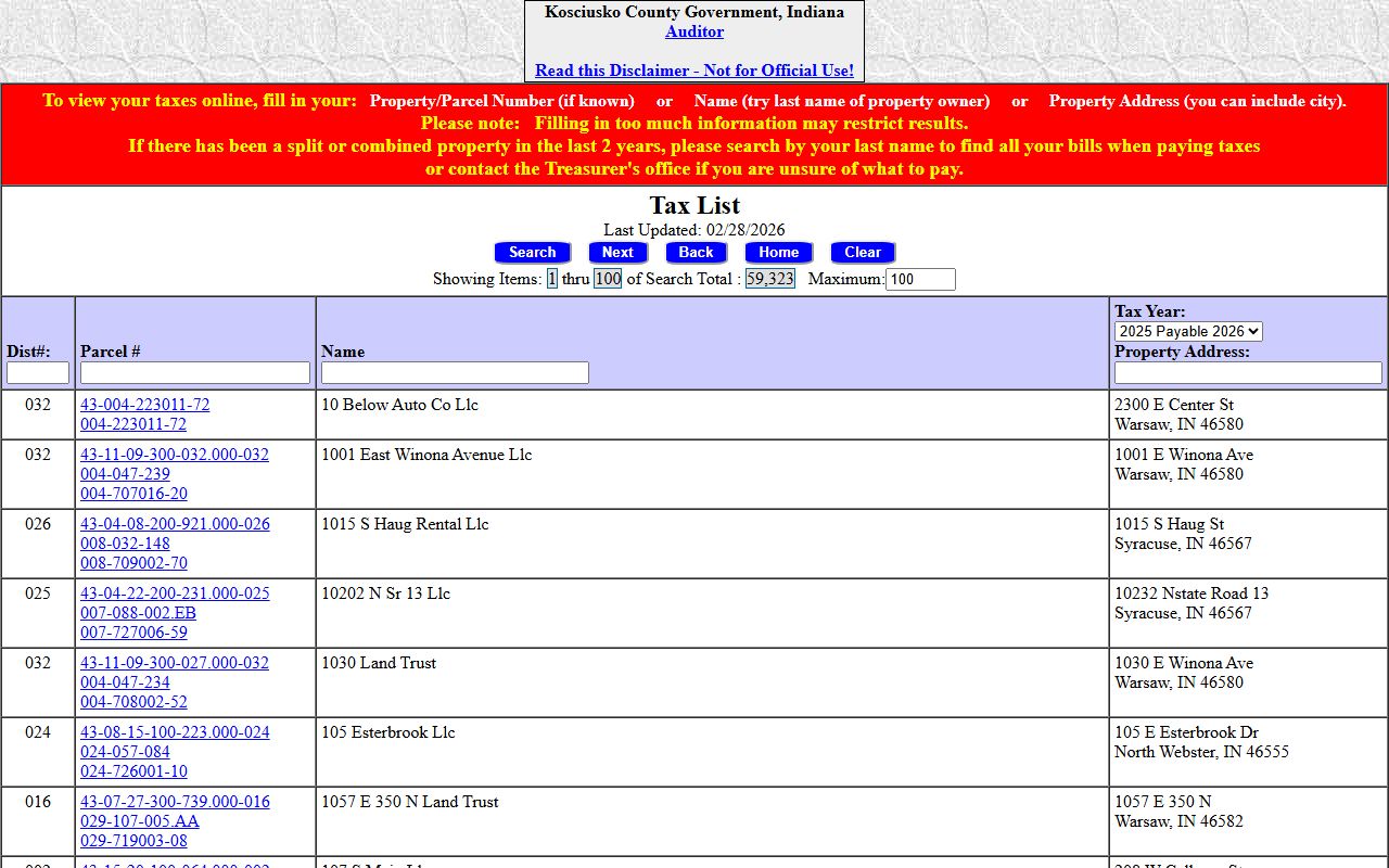 Kosciusko County Auditor department page for property tax records