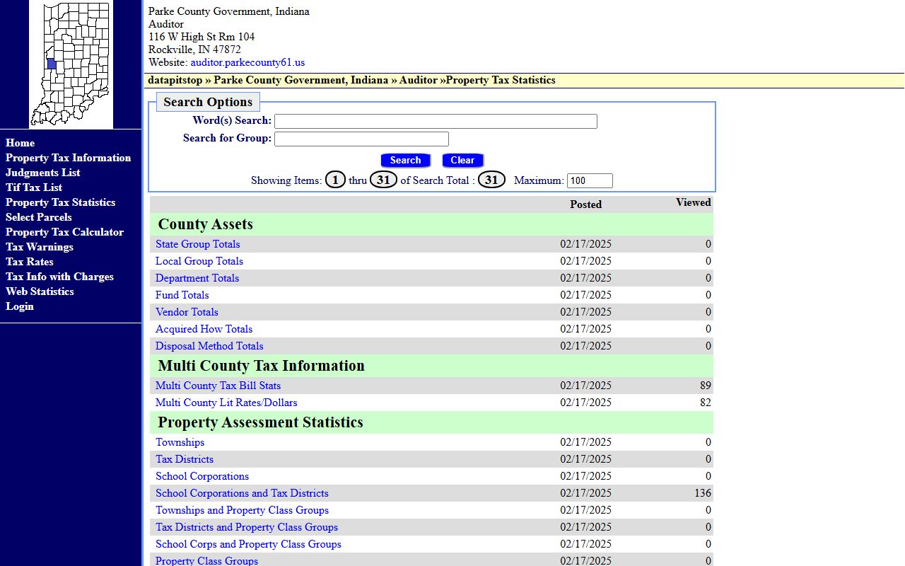 Parke County Auditor website for property tax records and parcel search in Rockville Indiana