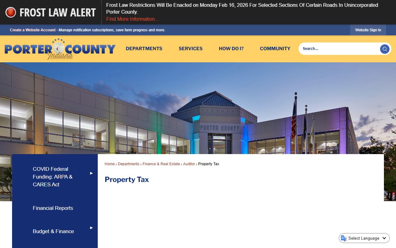 Porter County Indiana property tax records page with search tools and payment information