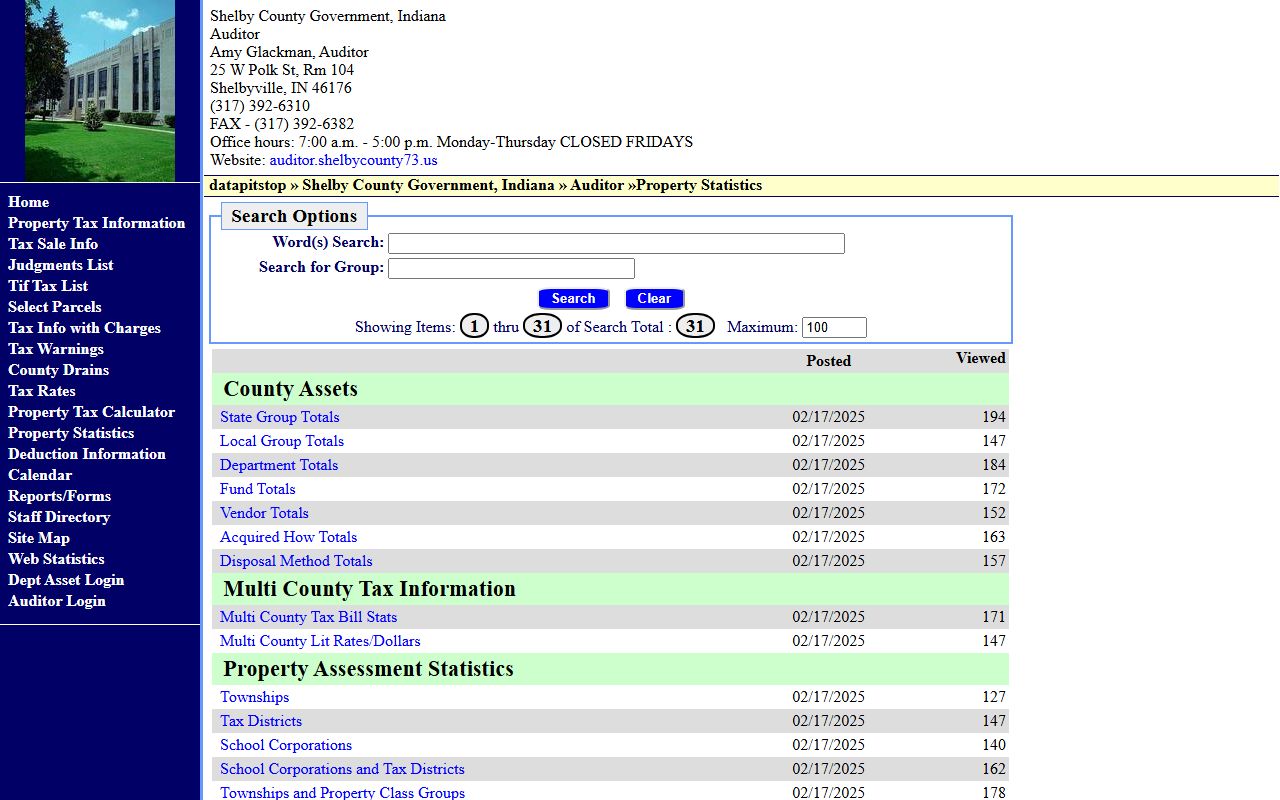 Shelby County Auditor website showing property tax records and parcel search for Shelbyville Indiana