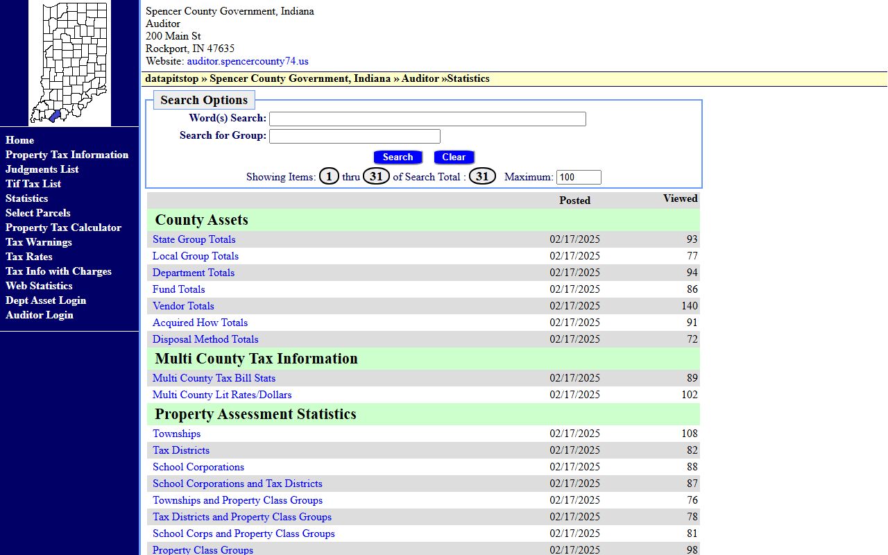 Spencer County Auditor website showing property tax records and parcel search in Rockport Indiana