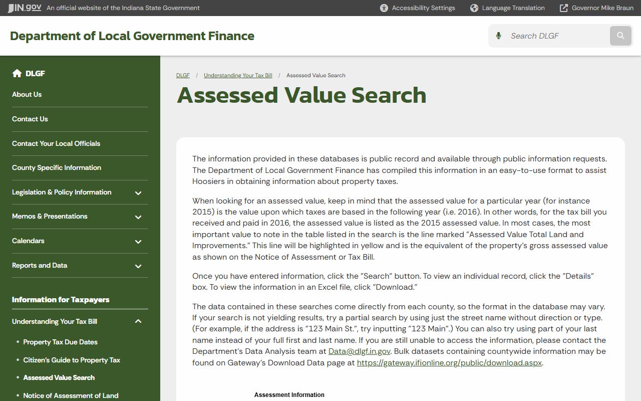 DLGF Assessed Value Search tool showing Indiana property assessment data
