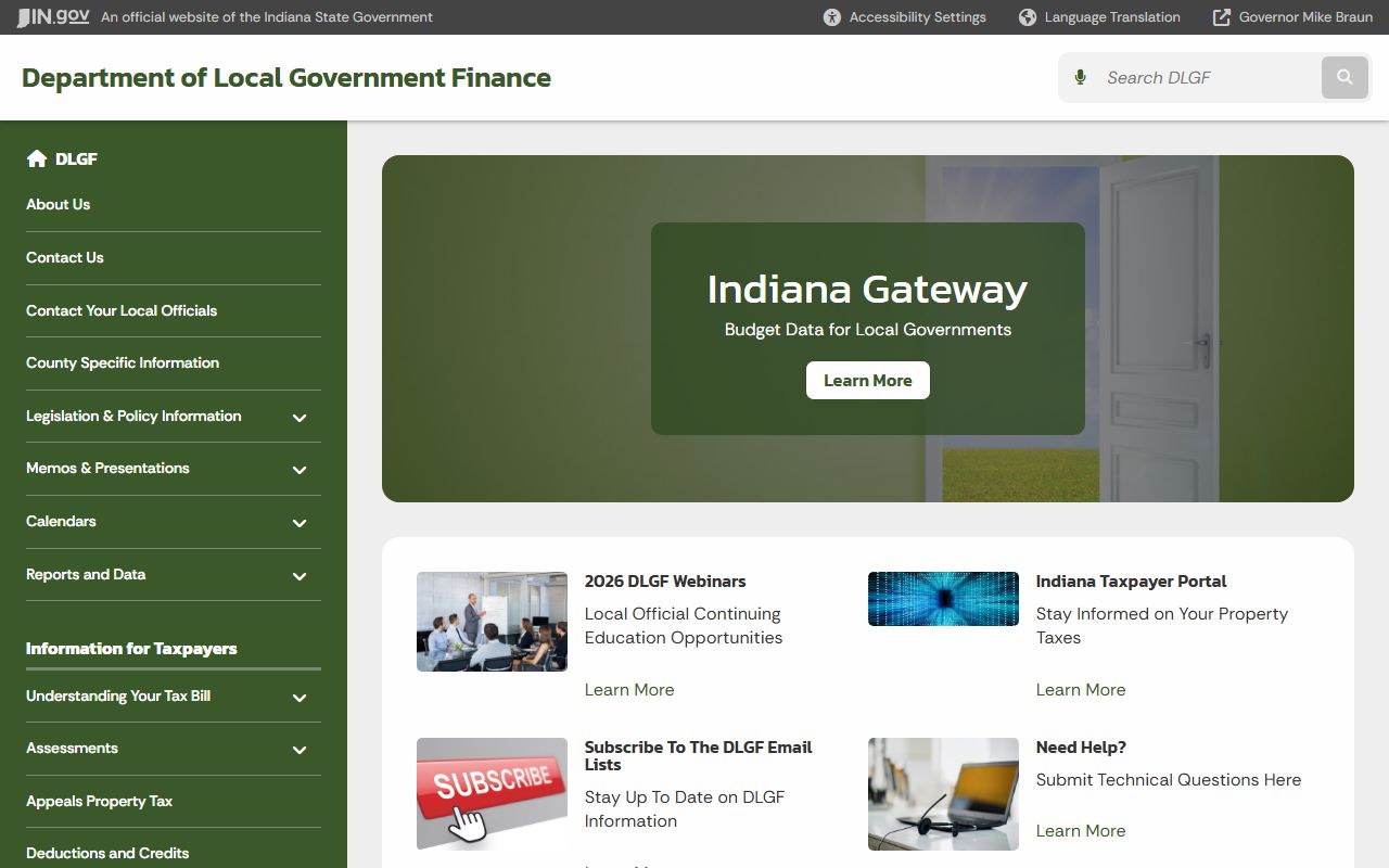 Indiana DLGF homepage with property tax guidance for Union County and all Indiana counties
