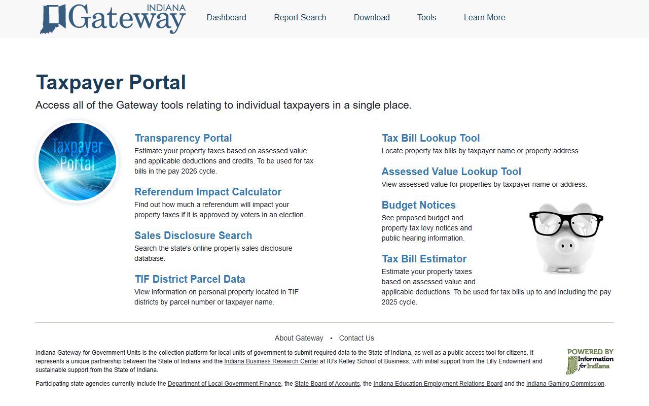 Indiana Gateway Taxpayer Portal showing Union County property tax levy and budget data