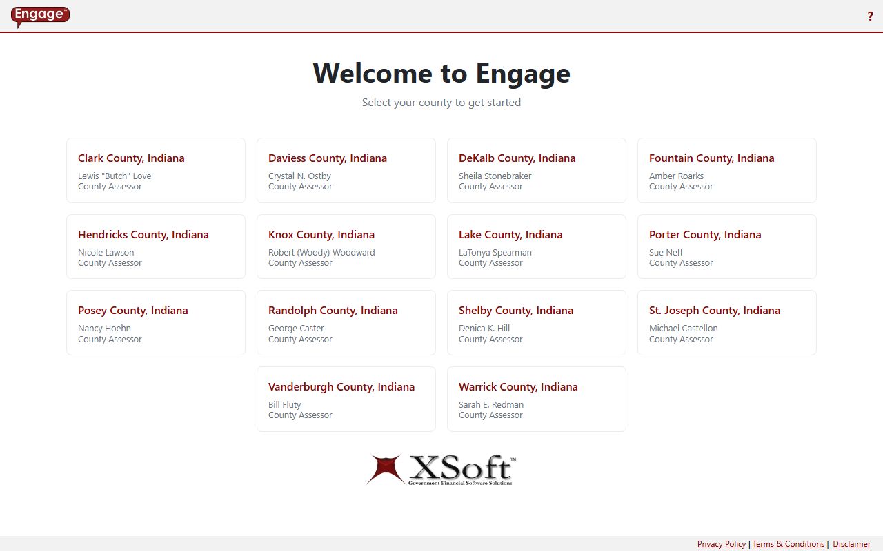 XSoft Engage platform for Indiana property tax records in multiple counties